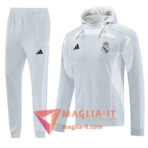 Insieme Giacca Con Cappuccio Tuta Giacca A Vento Real Madrid Grigio/Bianco 2025/2026